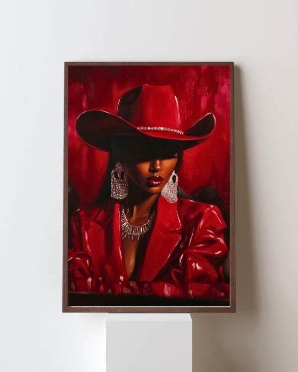 Black Cowgirl in Red Art Print, Western Portrait, African American Wall Art, Maximalist Oil Painting Style Decor
