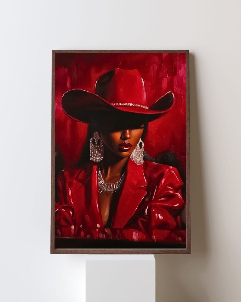 Black Cowgirl in Red Art Print, Western Portrait, African American Wall Art, Maximalist Oil Painting Style Decor