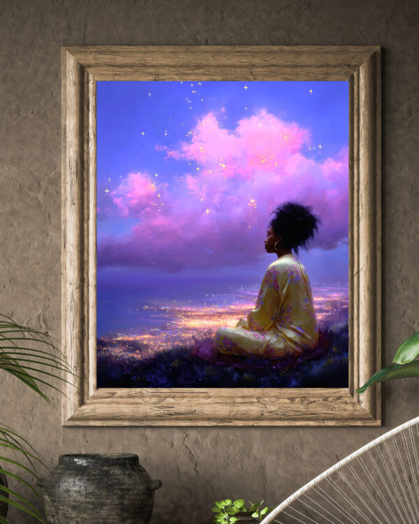 Black Woman Dreaming Under Starlit Sky, Celestial Dreamscape Art Print, Afrocentric Wall Art, Oil Painting Style