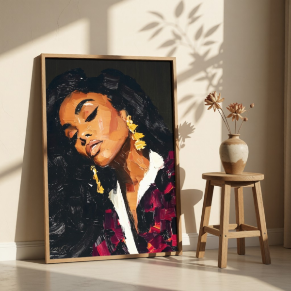 Black Woman Portrait with Gold Earrings, Impasto Oil Painting Print, Soulful Afrocentric Wall Art, Contemporary Black Fine Art