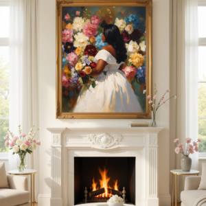 Black Bride in Bloom Art Print, Plus Size Black Woman Floral Portrait, African American Wedding Wall Art, Oil Painting Style
