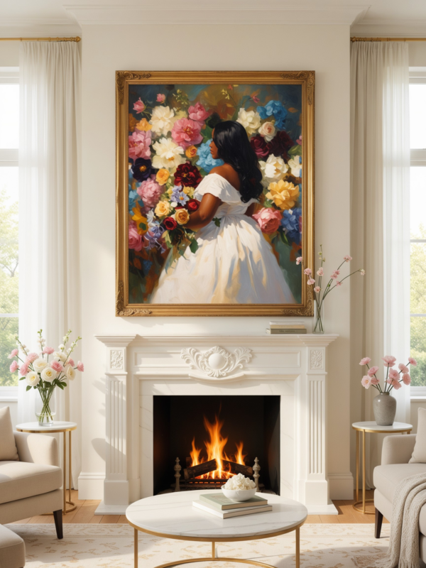 Black Bride in Bloom Art Print, Plus Size Black Woman Floral Portrait, African American Wedding Wall Art, Oil Painting Style