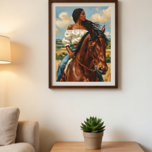 Black Woman Riding Horse Art Print, African American Cowgirl Painting, Afrocentric Western Wall Art, Oil Painting Style