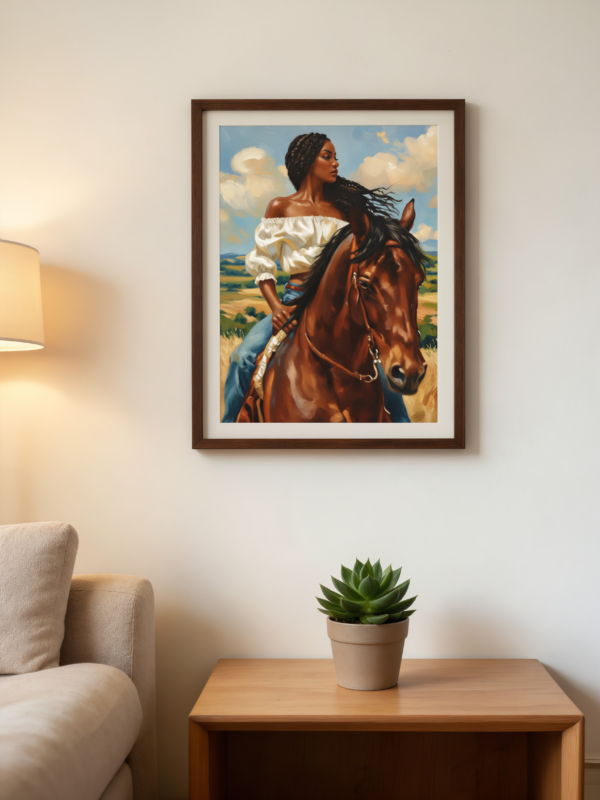 Black Woman Riding Horse Art Print, African American Cowgirl Painting, Afrocentric Western Wall Art, Oil Painting Style