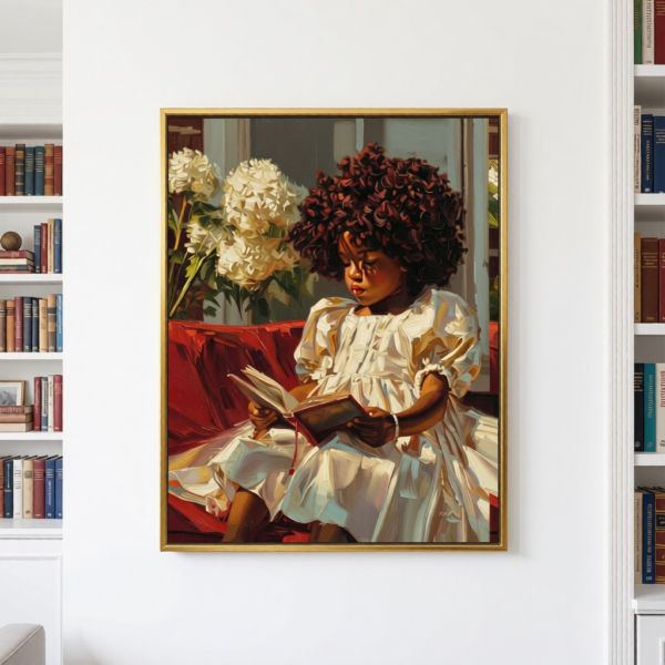 Black Girl Reading Art Print, Little Girl with Book Oil Painting, African American Children's Wall Art, Afrocentric Decor