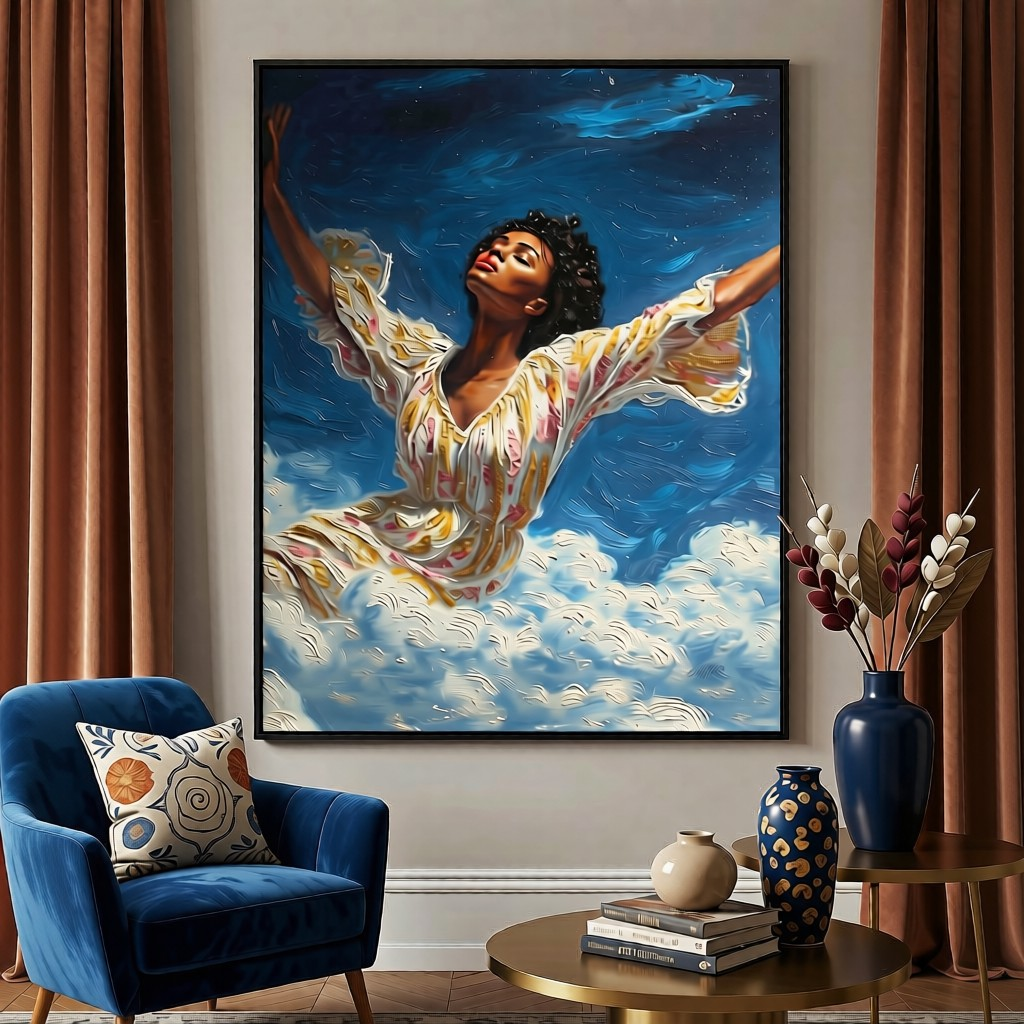 Black Woman Ascending Art Print, Spiritual Black Art, Afrocentric Oil Painting Style, Ancestors Wall Art, Fine Art Print