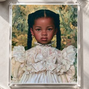 Black Girl Portrait with Braids, Victorian Ruffled Dress, African American Heritage Art Print, Oil Painting Style